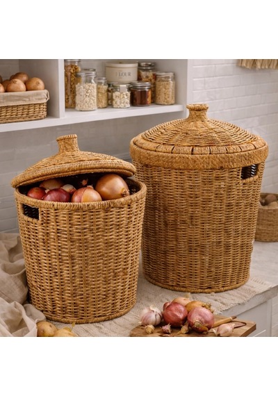 Ayrex Kapaklı Rattan Patates Soğan Saklama Sepeti 2'li Set Kiler/mutfak Organizer, Doğal Hasır Görünüm 27 2 Genel