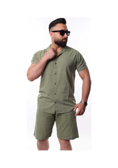 Mcz Giyim Keten Erkek Kısa Kollu Slim Gömlek Yaka Haki Pamuk Gömlek Ve Boru Paça Şort Alt Üst Takım