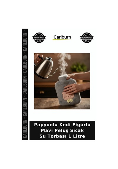 Papyonlu Kedi Figürlü Mavi Peluş Sıcak Su Torbası 1 Litre Yumuşak Kılıf Çocuk Ürünü Seyahat Eşyası