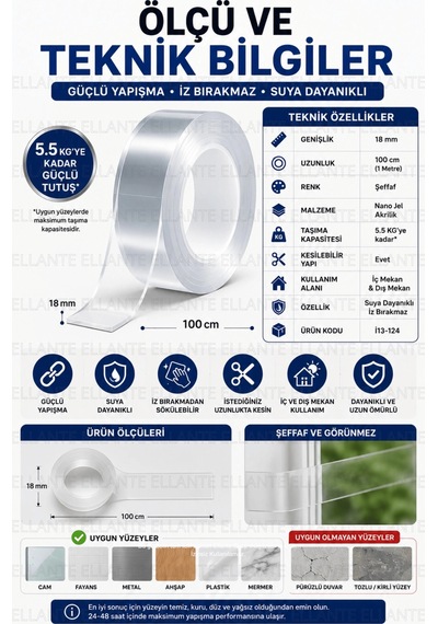 Çift Taraflı Şeffaf Nano Bant 18 Mm X 1 Metre Güçlü Yapışkan İz Bırakmayan Suya Dayanıklı Montaj Ban
