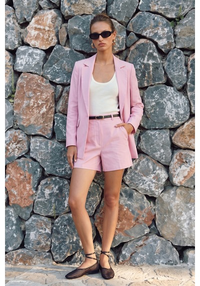 Sateen Keten Görünümlü Şort - Pembe-137761