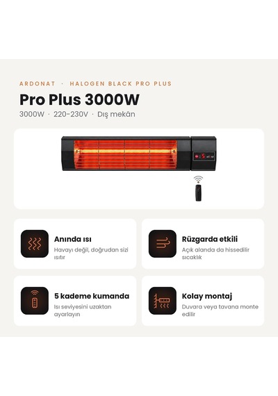 Halogen Black Pro Plus 3000w Elektrikli Halojen Infrared Dış Mekan Isıtıcı, 5 Kademeli Uzaktan Kumandalı, Siyah Al