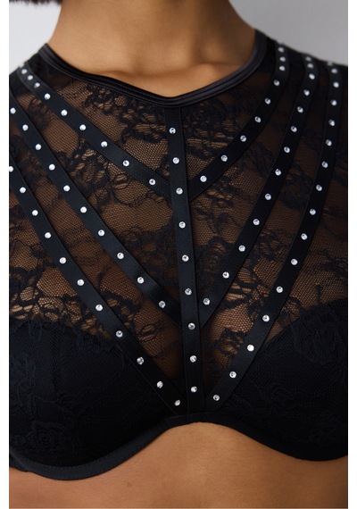 Penti Shinny Lace Dantel Uzun Kollu Siyah Croplet