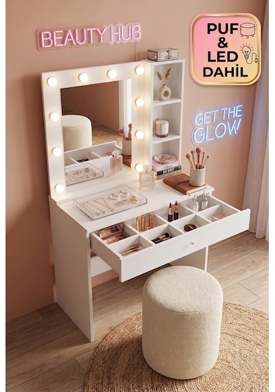 Hollywood Led Işıklı Puflu Makyaj Masası Takımı Çekmeceli Düzenleyici Raflı Beyaz Puf Led Dahil Hollywood Led Işıklı Puflu Makyaj Masası Takımı Çekmeceli Düzenleyici Raflı Beyaz Puf Led Dahil