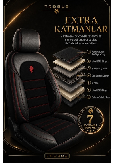 Renault R9 Broadway 1990-2000 Uyumlu Lion Serisi Tay Tüyü Siyah Kırmızı Premium Koltuk Kılıfı