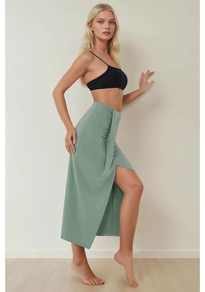 Hiccup Drapeli Yüksek Bel Bodycon Sandy Maxi Etek Haki Yeşil