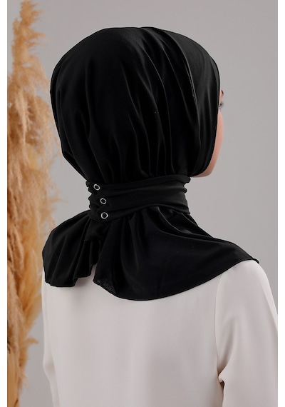 Melodi Scarf Kadın Tesettür Pratik Çıtçıtlı Sandy Fular Hazır Deniz Havuz Uyumlu Bone Siyah Siyah