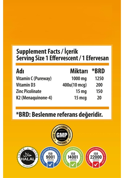 Swiss Bork C Vitamini 1000 Mg Çinko D3 K2 İçeren 20 Efervesan Tablet 3 Lü Avantaj Paket
