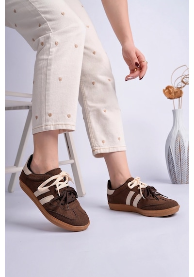 Muggo Taupe Çift Bağcıklı Günlük Kadın Sneaker Spor Ayakkabı Kahverengi