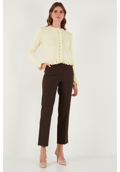 Lela Premium Pile Detaylı Regular Fit Yuvarlak Yaka Triko Bayan Hırka 680Hi00038 Sarı