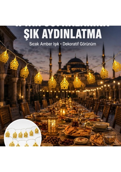 Dekoratif Ramazan Led Işık Pilli Cami Tasarımlı Zincir Aydınlatma Yeni Nesil