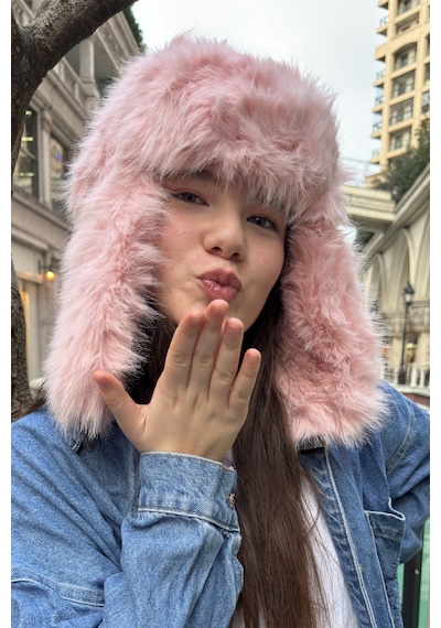 Mollycrush Pembe Pelüş Kürklü Genç Pilot Şapkası Yumuşak Tüylü Kulaklı Trend Kışlık Ushanka Pembe