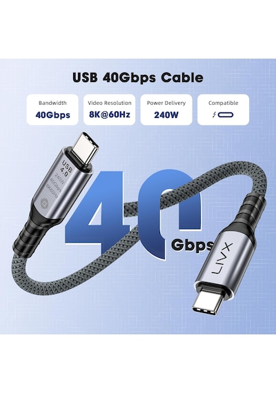 Fast Usb 4.0 40gbps, 240w, 8k60hz Usb4.0 Usb-c Kablosu 1 Metre Gri Klv-01 Standart