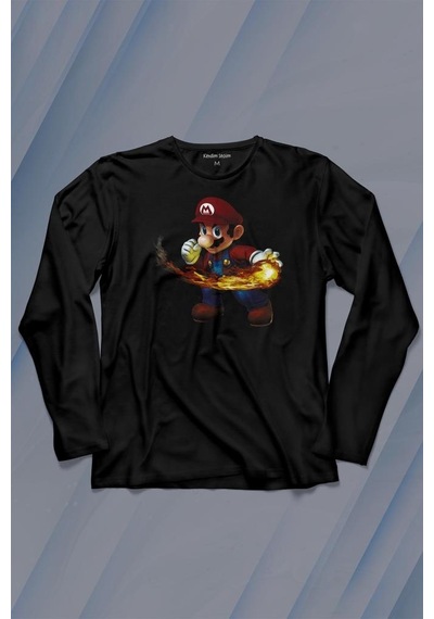 Ateş Çıkaran Super Mario Smash Bros Oyun Uzun Kollu Tişört Baskılı T-shirt 001