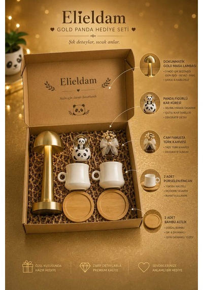 Doğum Günü, Özel Gün, Yeni İş, Yeni Ev Hediyesi Gold Masa Lambası, Panda Kar Küresi, Porselen Fincan Ve Bambu Altlık Seti