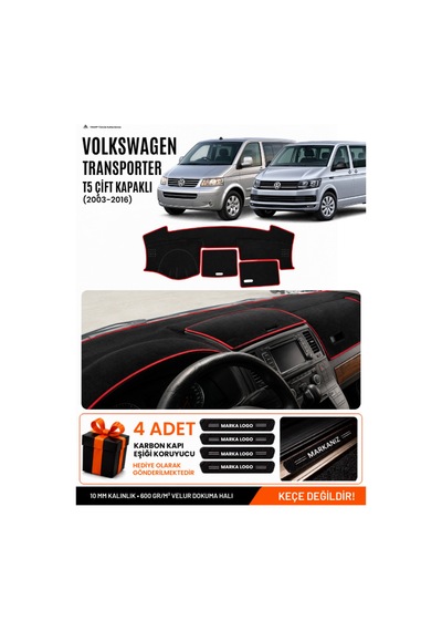 Volkswagen Transporter T5 Çift Kapaklı 2003-2016 Uyumlu Torpido Örtüsü - Siyah Kırmızı