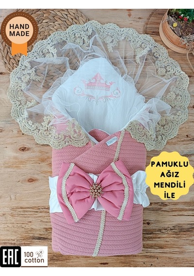 Pembe Triko Örgü Kız Bebek Batttaniyesi Kundağı Kalın Dantelli Yenidoğan Hastane Çıkışı Hediyelik Gülkurusu