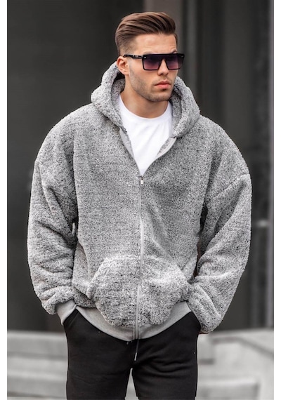 Madmext Gri Peluş Over Fit Kapüşonlu Fermuarlı Erkek Sweatshirt 6049 Gri