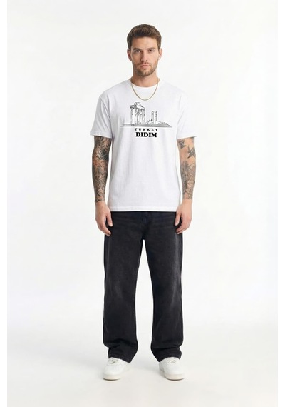 Erkek Bisiklet Yaka %100 Pamuk Didim Baskılı Kısa Kollu T-shirt Beyaz