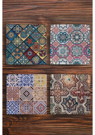 Doğal Taş Bardak Altlığı Uv Baskılı 4'lü Set Desenler -tile Stone Coasters Çok Renkli