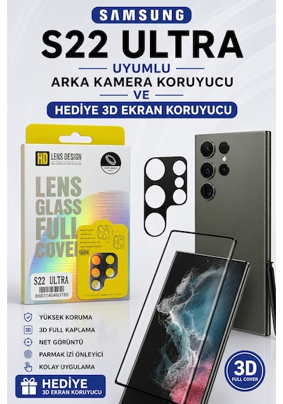Samsung S22 Ultra Uyumlu Arka Kamera Koruyucu+ Full Ekran Koruyucu Si Yah