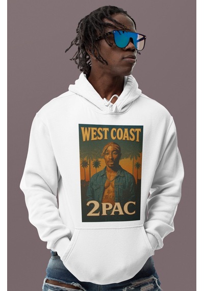 Sevbano West Coast Tupac Rapper Baskılı Unisex Oversize 2pac Şarkıcı Hood beyaz