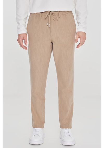 AC&Co / Altınyıldız Classics Erkek Bej Keten Slim Fit Dar Kesim Beli Bağlamalı Yan Cepli Casual Pantolon Bej