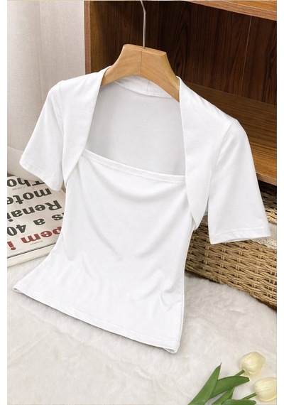 Kadın Haki Kuğu Yaka Slim Kısa Kollu Fit Crop Bluz Beyaz