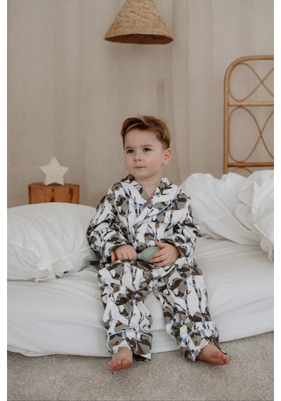 Panda Desenli Yaka Detaylı Çocuk Pijama Takım Mavi