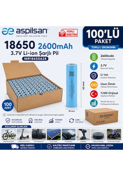 Aspilsan 18650 2600mah 3.7v Li-ion Şarjlı Pil 100'lü Paket Inr18650a28  Lityum İyon Hücre Teknik Servis Ve Toplu Kullanım İçin