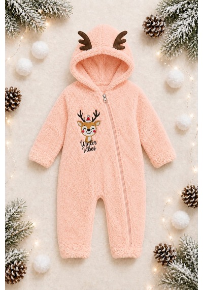 Tatlı Geyik Nakışlı Welsoft Peluş Kapüşonlu Fermuarlı Kışlık Unisex Bebek Tulumu 40212 Somon