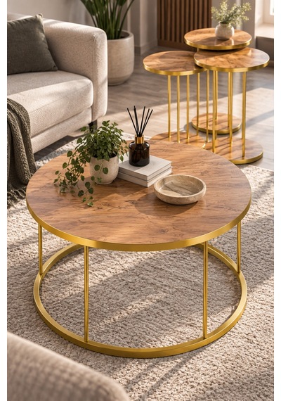 Sulorahome 4'lü Yuvarlak Sehpa Seti Ceviz Ve Gold Metal Ayaklı