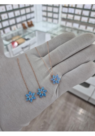 925 Ayar Turkuaz Opal Küpe Kolye Set Opal Takım Manolya Set.rose.gold.rodaj Opal Gümüş
