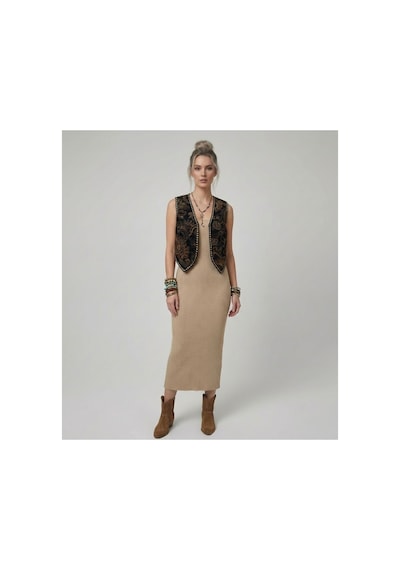 Neden Tekstil Premium Fit Kare Yaka Fitilli Triko Midi Elbise - Ten Rengi
