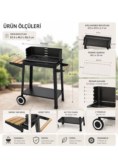 Tekerlekli Kömürlü Barbekü Mangal 83x40,5x86,3 Cm Bambu Yan Masalı, Krom Izgaralı, Bahçe Ve Balkon İçin Siyah