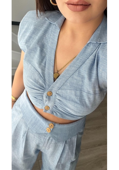 Bebe Mavi Omuz Vatka Detaylı Crop Bluz - Pantolon Takım Bebe Mavi