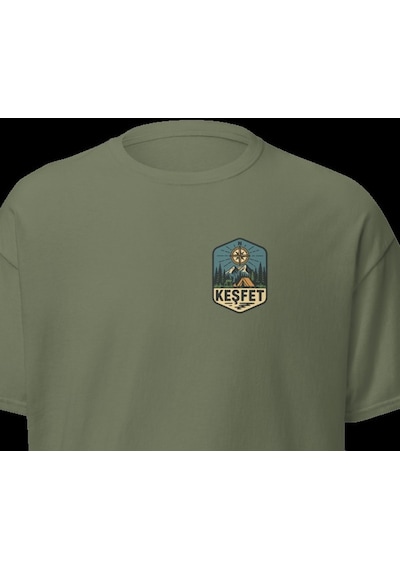 Wildstyle Keşfet Renkli Vintage Dağ Doğa Macera Kamp Rozet Baskılı Unisex Bisiklet Yaka Pamuklu Tişört Haki