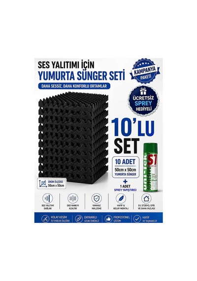 Akustik Yumurta Sünger 25mm 60 Dns Yanmaz 50x50cm 10 Adet + 1 Sprey Yapıştırıcı Bant Marketim