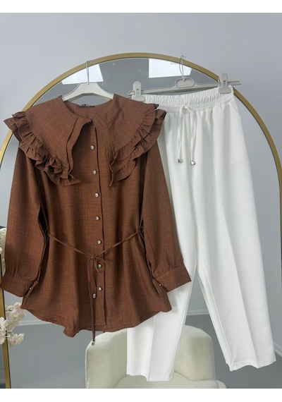 Lovie Moda Fırfır Yaka Bağcıklı Tunik Pantolonlu Takım Kahverengi