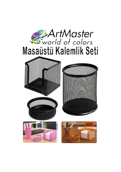 Siyah Masaüstü Fileli Kalemlik Seti 3 Parça 1 Paket 3 Lü Masa Üstü Düzenleyici Kalemlik Küp Notluk Ataşlık Siyah
