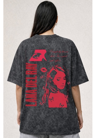 Sevbano Tasarım Lana Del Ray Şarkıcı Baskılı Unisex Oversize Eskitme Yıka Siyah