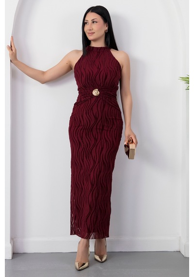 Kalopya Halter Yaka Beli Tokalı Bağlamalı Elbise Grs4023 Bordo