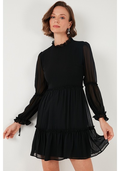 Lela Regular Fit Dik Yaka Büzgülü Astarlı Mini Bayan Elbise 611El345 Siyah Lela Regular Fit Dik Yaka Büzgülü Astarlı Mini Bayan Elbise 611El345 Siyah
