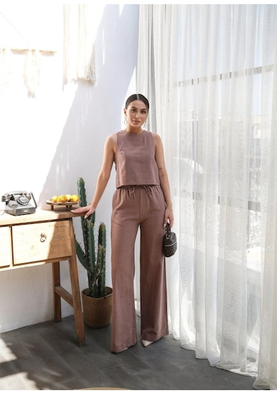 Etiler Collection Keten Bluz Ve Pantolon I Ki Li Takim Kahve