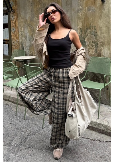 Madmext Bej Ekose Desenli Yüksek Bel Balon Fit Kadın Pantolon Mg2726