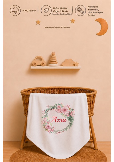 Kız Bebek Hediyesi İsme Özel 80x80 Cm Çift Kat Penye Bebek Battaniyesi %100 Pamuk Ham Bez Kıyafet Keseli 1024bk3x Ekru