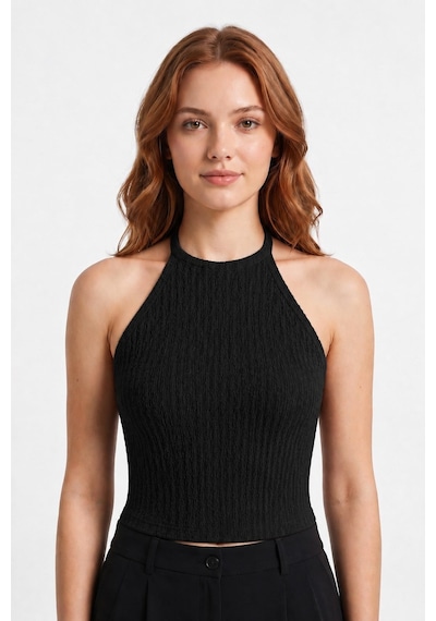 Cottonhıll Premium - Tide Collection Siyah Halter Yaka Boyundan Bağlamalı Bürümcük Dokulu Kadın Crop Bluz