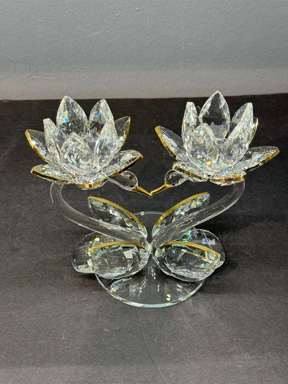 Dekoratif Kristal Cam Ikili Lotus Kuğulu Kalp Şamdan Gold