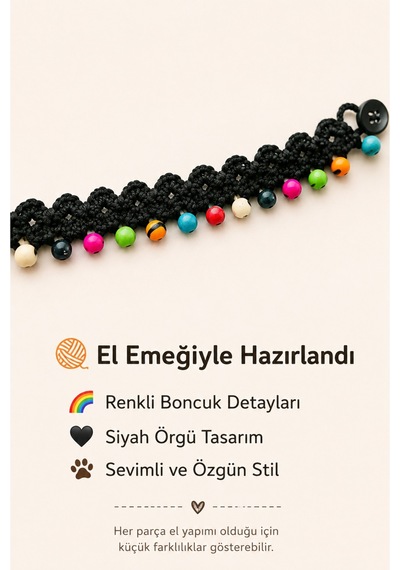 El Örgüsü Kedi Tasması Renkli Boncuklu Siyah El Yapımı Ayarlanabilir Kedi Boyun Aksesuarı