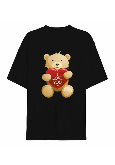 Butik İstanbul 14 Şubat Sevgililer Günü I Love You Ayı Baskılı Oversize Bisiklet Yaka T-shirt - Siyah